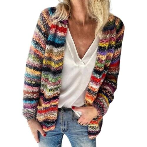Women Sweater Rainbow Stripes Temperament Autumn Winter Long Sleeve Knitted Cardigan Coat for Office Womens Clothing 2021 xxxl