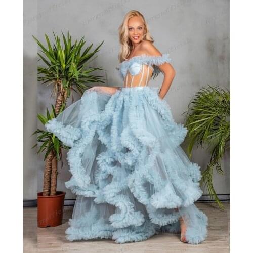 Off Shoulder Dusty Blue Front Slit Evening Gowns 2021 Sleeveless Sweet 16 Dresses Women Gown Robe Soiree Tulle vestidos