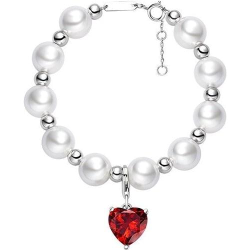 100% Pure 925 Sterling Silver Ruby Red Love Heart Charm Bracelet with Zircon Simulated Pearl Best Gift for Women Party Girl