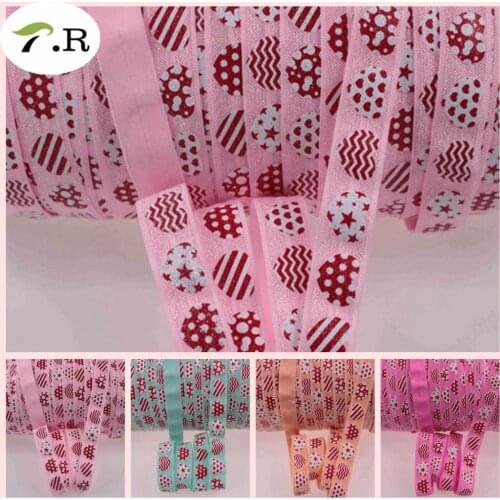 4 Colors fold over elastic valentine glitter hearts printed foe wholesale OEM 50Y/lot 5/8 inch