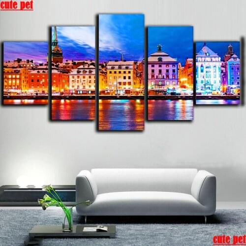 5PCS Diamond Painting Sweden Stockholm City Buildings Night Scene Diamond Mosaic 5D Cross Stitch DIY Diamond Embroidery Decor
