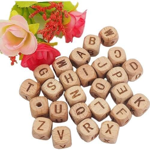 Chenkai 12mm 100PCS Square Wooden Alphabet Beads A-Z Letter beads for Baby Dummy Chewable Nursing Pacifier Chain Accessories