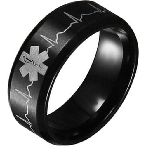 Black 8MM Medical Alert ID Rings Electrocardiogram Ring Stainless Steel Finger for Men Doctor Jewelry