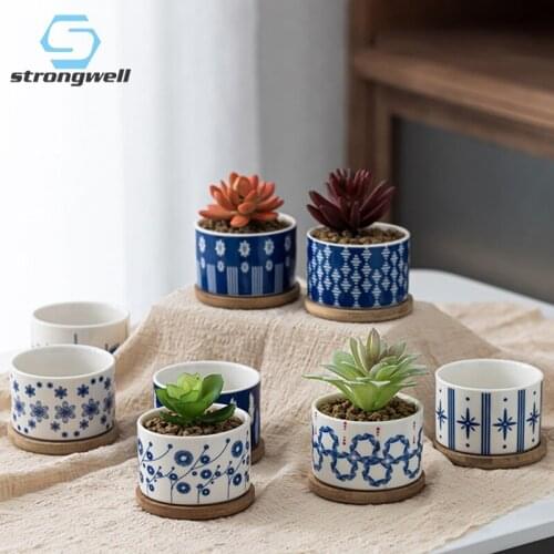 Home Garden Blue Ceramic Flower Pot Succulent Mini Potted Desk Furnishings Straight Round Balcony Green Planting