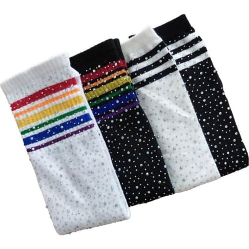New Fashion Children Knee High Socks Colorful Striped Rhinestone Decoration Girls Stockings Long Tube Warm Sock