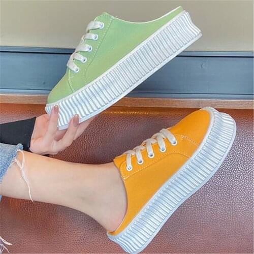 Thick Soled Canvas Sports Shoes Baotou Half Slippers Womens Chunky Sneakers Newest No Heel Lazy Muffin White Shoes Summer 2021