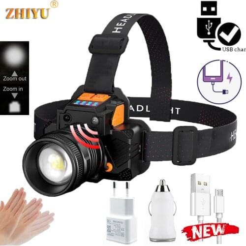 Induction Rechargeable T6 LED Headlight Zoom Waterproof flash Headlight Flashing Outdoor Super Bright Camping Hunting Headlight