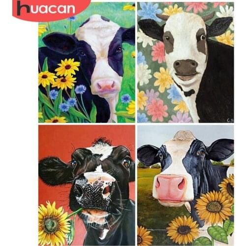HUACAN DIY Frame Oil Painting By Numbers Cow Animal Acrylic Wall Art Picture By Numbers Sunflower Childrens Room Decor