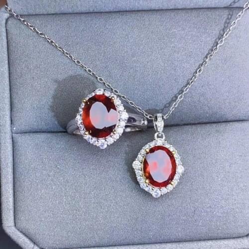 100% Natural and Real Garnet Set 925 Sterling Silver,1pc Ring,1pc Pendant Anniversary Best Gift