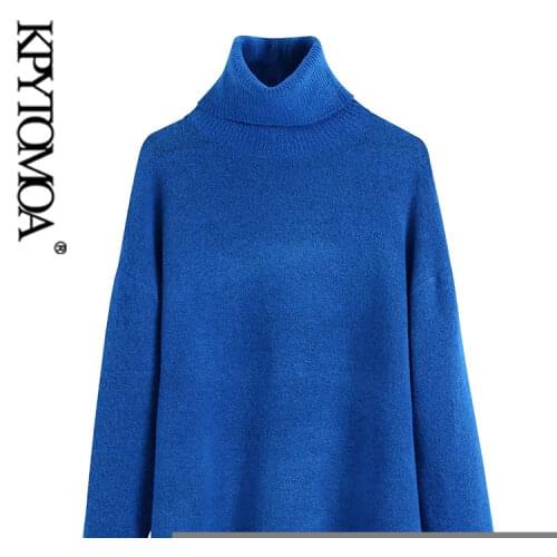 KPYTOMOA Women 2021 Fashion Thick Warm Oversized Knit Sweater Vintage High Neck Long Sleeve Female Pullovers Chic Tops