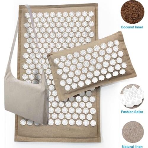 Acupuncture Massage Yoga Mat and Pillow Set Organic Linen Cotton Cushion with Buckwheat Hull for Back/Neck/ Pain Relief Therapy