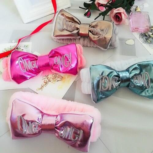 New OMG Headbands PU Leather for Women Girls Bow Wash Face Turban Makeup Hair Holder Hairbands Coral Fleece Hair Accessories