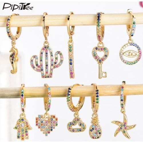 Pipitree 1 PCS CZ Zircon Hoop Earrings Women Heart Hamsa Hand Elephant Crown Evil Eye Small Loop Earrings Hoops Wedding Jewelry