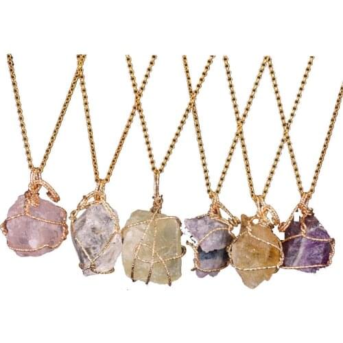 Goldtone Plating Raw Rock Pendant Irregular Shape Stone Genuine Quartz Charm Necklace Steel Wire Wrapped
