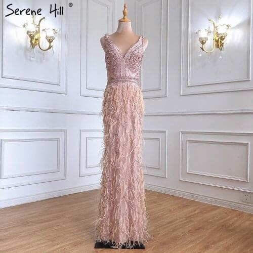 Pink Beading V-Neck Luxury Evening Dresses 2020 Sleeveless Feathers Mermaid Formal Dress Serene Hill LA70440