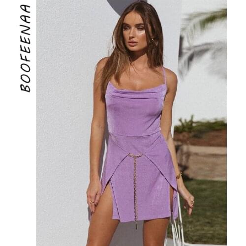 BOOFEENAA Sexy Backless Split Mini Dress Vacation Outfits for Women Clubwear 2021 Metal Chain Sundress Ladies Clothes C82-CC24