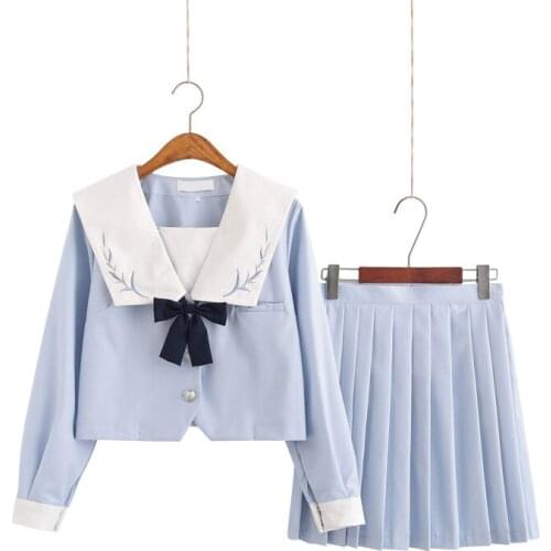 JK Uniforms Japanese School Clothes for Girls Students Long Sleeve Sailor Suit Pleated skirt + Shirt +Stocking 3 Pcs / Set