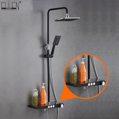 Vidric Black Rain Shower Faucet Set Wall Mounted Rainfall Shower Faucets Storage Bath Mixer Tap Hot Cold with Hand Shower EL3902