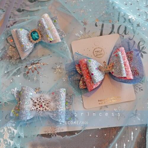 6pcs/lot Princess Crown Hair Clips Sweet Color Shine Glitter Diamond Hairbows Mesh Decor Hairpin Girls Party Hair Accessories