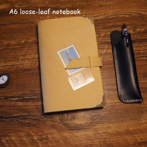 Handmade A6 genuine leather notebook travel journal black color case diary spiral loose leaf kraft paper school supply notebook