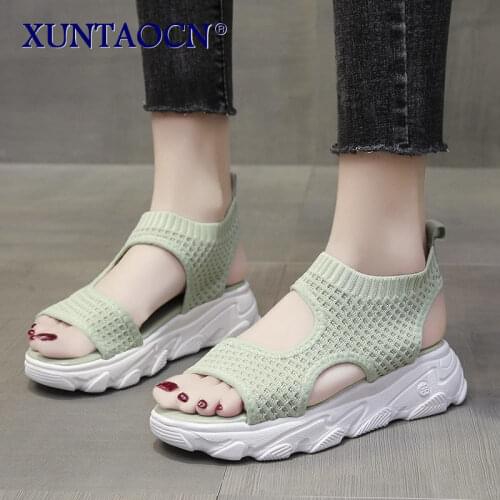 New Summer Womens Chunky Sandals Mesh Thick Bottom White Shoes 5cm Wedges Platform Trend Women Sandals Lovely Girl Beach Shoes