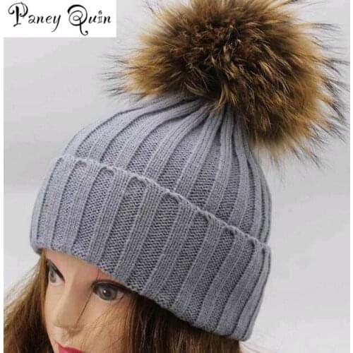 Women winter hats Beanies New Fashion Winter Quality Hat Knitted Hat Pointy Hat For Women/Ladies 100% Real 18cm Fur pompom