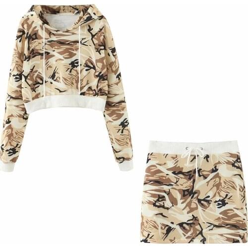 Womens suit new style camouflage hooded drawstring short sweater + high waist elastic drawstring skirt women 2 piece set