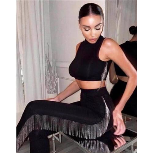 Women Faashion Sexy Sleeveless Black Tassel Diamonds Two Pieces Bandage Set 2020 Elegant Designer High Street Party Women Set