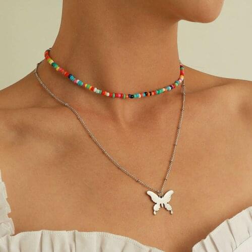 Bohemian Colorful Beads Butterfly Pendant Necklace for Women Vintage Double Layers Chains Clavicle Necklace Colar Jewelry Gift