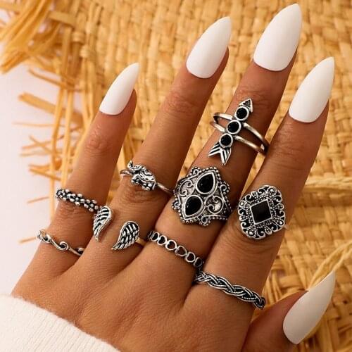 HuaTang Vintage Silver Color Elephant Knuckle Rings Set for Women Geometric Wing Crystal Finger Rings Jewelry Anillos 9pcs/set