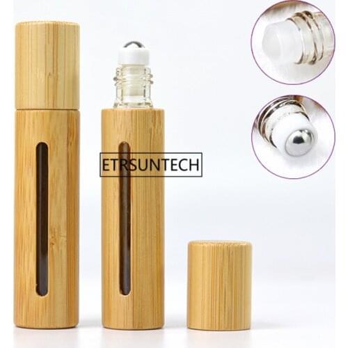 50pcs 10ML Bamboo Roll On Bottle With Roller Glass Cosmetic Container Portable Eye Essential oil Massage Roller Ball Tube F2935