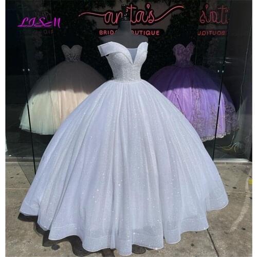 Sparkly Beaded Ball Gown Quinceanera Dresses Sweet 16 Dress Pageant Gowns Off Shoulder Sweetheart Tulle Long Prom Party Dress