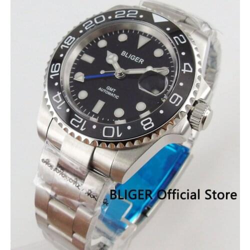 BLIGER Fashion 40mm Automatic Mens Watch GMT Function Stainless Steel Strap Black Dial Sapphire Crystal