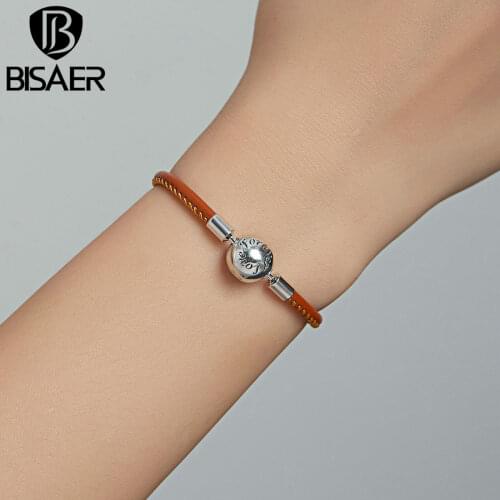 BISAER Real 925 Sterling Silver Round Clasp Forever Family Leather Bracelets For Women Men Sterling Silver DIY Jewelry ECB215