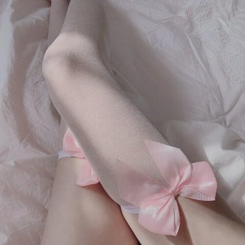 Kawaii Black White Black Bow Sexy Suspender High Tube Transparent Lingerie Stockings Pure Lovely Bow Over Knee Silk Stockings