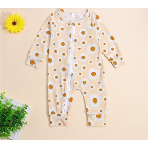 2021 Baby Spring Rompers Sun Print O-Neck Long Sleeves Sloping Zipper Open Jumpsuits Toddlers Girls Clothes
