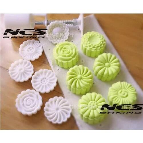 50g flower shape Mooncake mung bean cake Molds mould with 6 Stamps plastic hand pressure , 50sets/lot