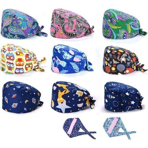 Fashion Breathable Scrub Cap Printed Button Work Hat Casual Unisex Outdoors Nurse Work Hat For Home Worker Outdoor
