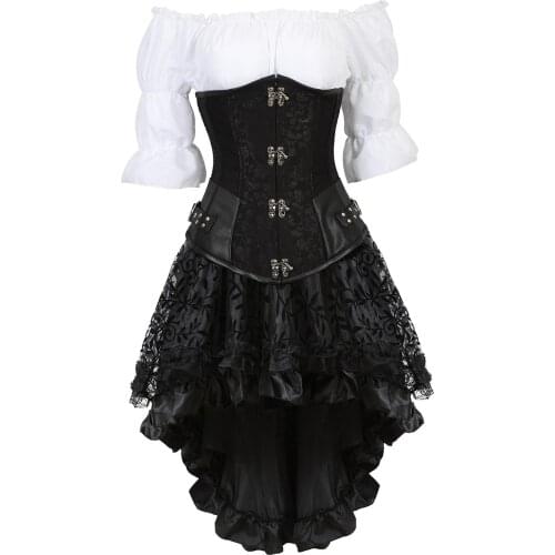 Corset 3 Piece Outfits for Women Steampunk Steel Boned Bustier Underbust Skirt White Blouse Set Pirate Carnival Costumes Party