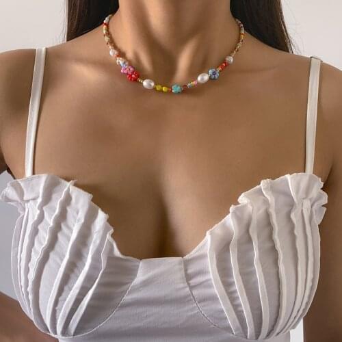 LOVOACC Bohemian Colorful Irregular Stone Chokers Necklaces for Women Rainbow Beads Daisies Faux Pearl Beach Necklaces Gifts