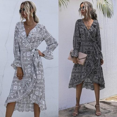 Fashion Lace-up Robe Women Dresses Summer Autumn 2021 Print Wrap Ruffle Collar Irregular Dress HighWaist Midi Dress Slim Elegant