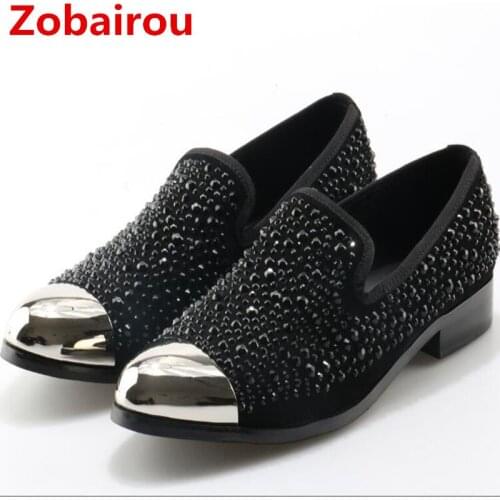 Zobairou Zapatos hombre cystal hidden heel shoes for men prom spiked loafers genuine leather sapato social formal shoes men