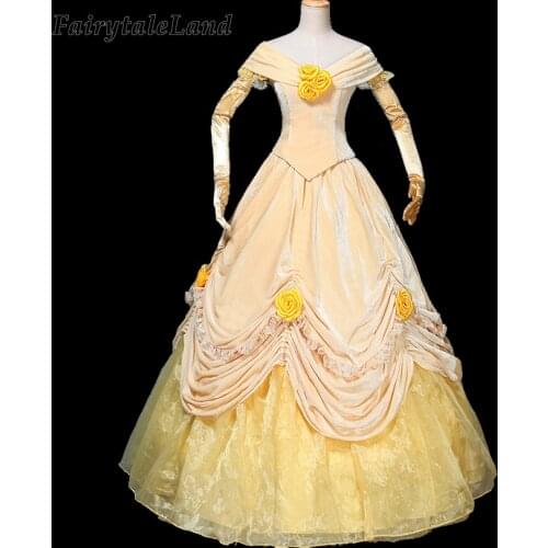 BCarnival Halloween Belle Yellow Dress Lace up Velvet Bodice Princess Costume Cosplay Wedding Party Gown Rose Flowers Oufit