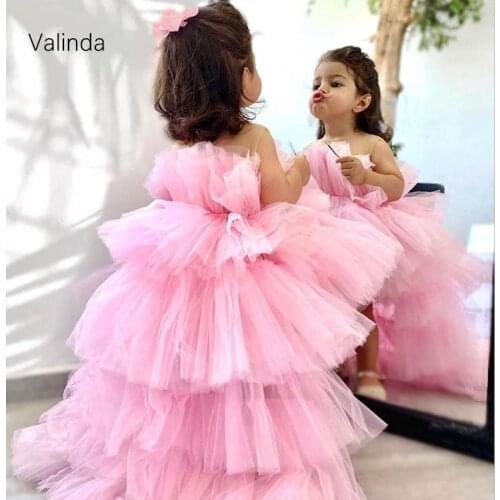 Sheer Neck High Low Pink Girl Pageant Dresses Birthday Party Kids Clothing