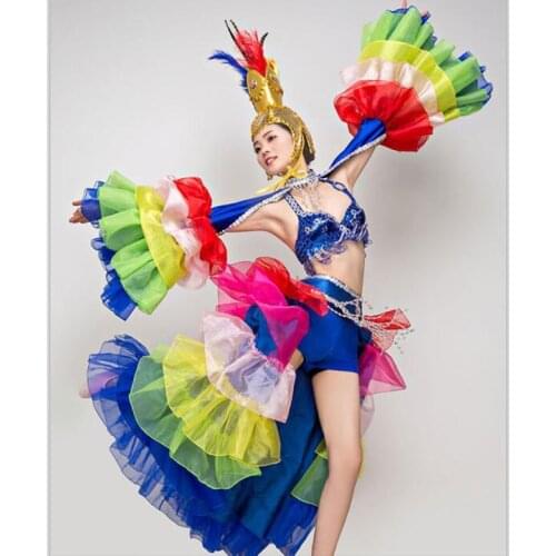 Stage costumes for singers colorful sexy dance outfits with bikini ostrich feather headpiece ancient chinese dance costumes