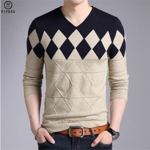 Cashmere Wool Sweater Men 2019 New Autumn Winter Slim Fit Pullovers Men Argyle Pattern V-Neck Pull Homme Christmas Sweaters