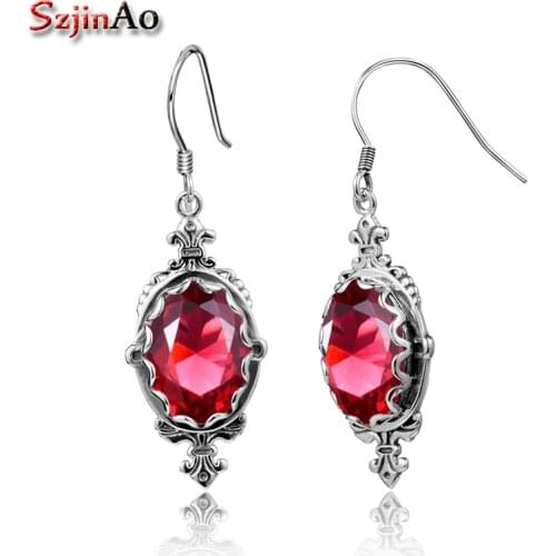 Szjinao New 7.1ct Red Ruby Dangling 925 Sterling Silver Earrings Edward Vintage Style Women Long Earrings Bulgaria Jewelry Lotus