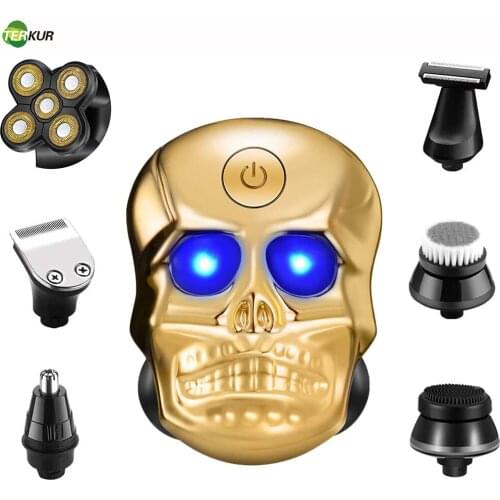 Skull Electric Shaver 6 in 1 Bald Head Shaver 5D Rotary Razor for Men Waterproof Beard Trimmer Nose Ear Trimmer Cordless USB