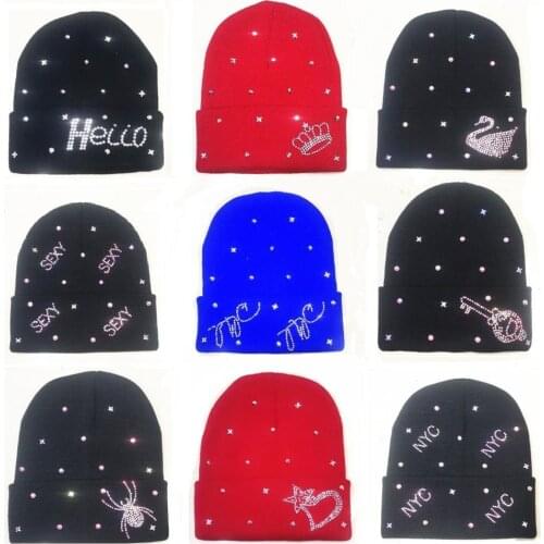 Custom logo Adult casual punk knitted beanies Caps Thick warm Skullies Hat Crystal Rhinestone Sport ski Skullcap