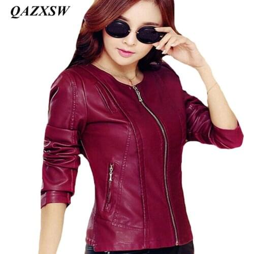 QAZXSW Vintage Spring PU Coat Jacket Women Slim Biker Motorcycle Soft Outwear Faux Leather Zipper Jackets Abrigos Mujer YX8844